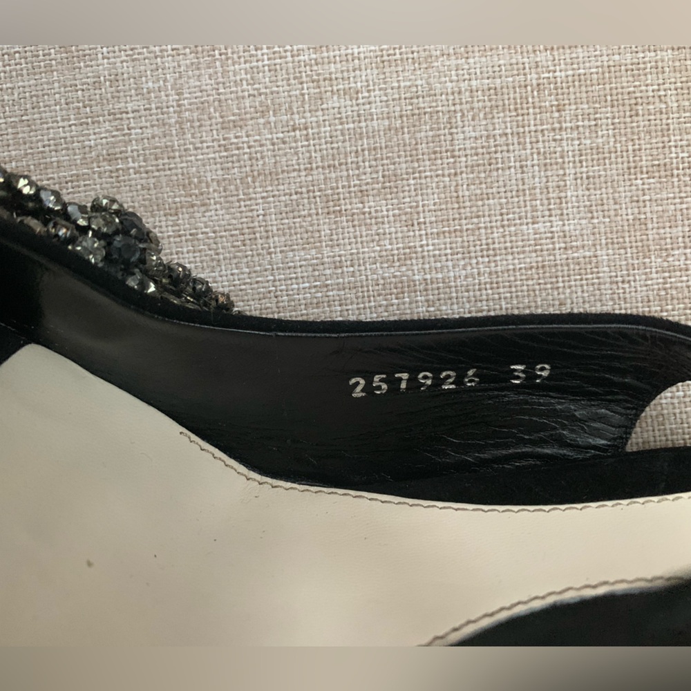 GUCCI Authentic Shoes: Black Suede, Peep-Toe, 1 Rhinestone Bow, 5.5 inch Heel 39 - Picture 12 of 16